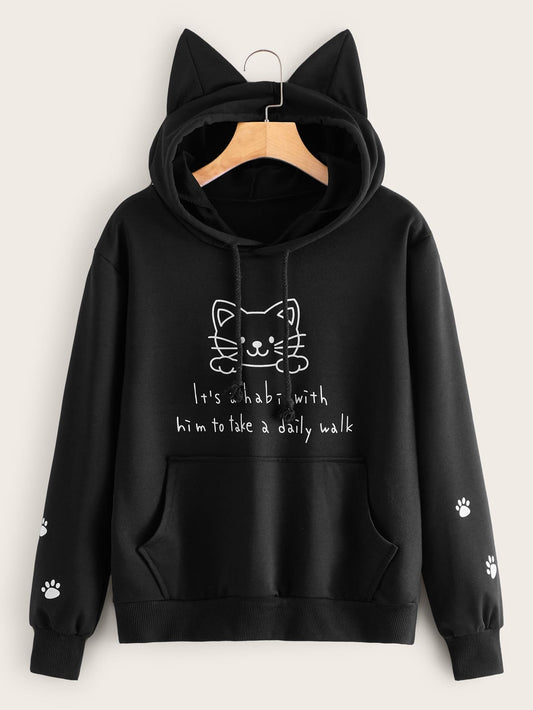 EZwear Cat Slogan Graphic Kangaroo Pocket Hoodie