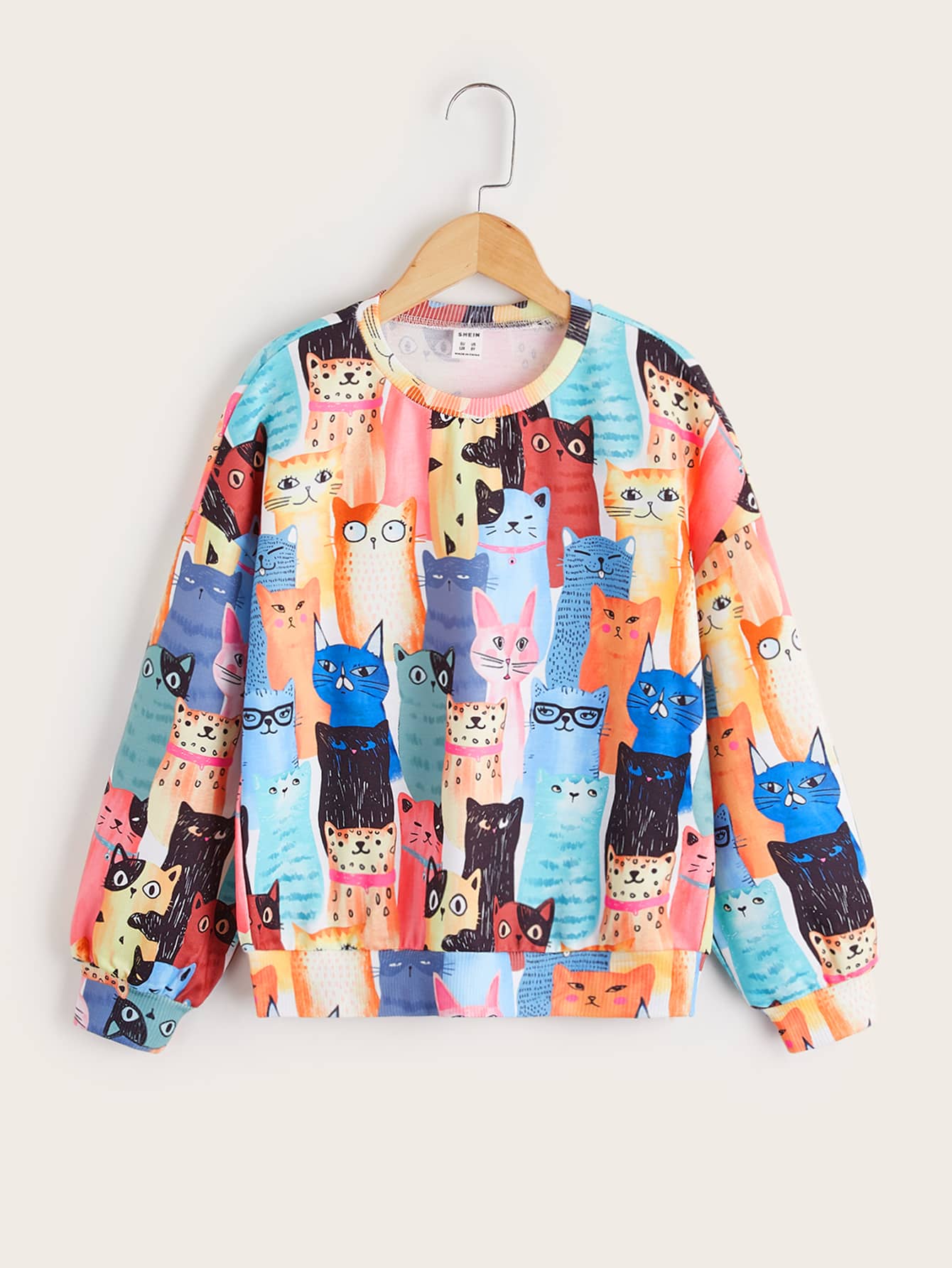 Girls Cat Print Drop Shoulder Sweatshirt