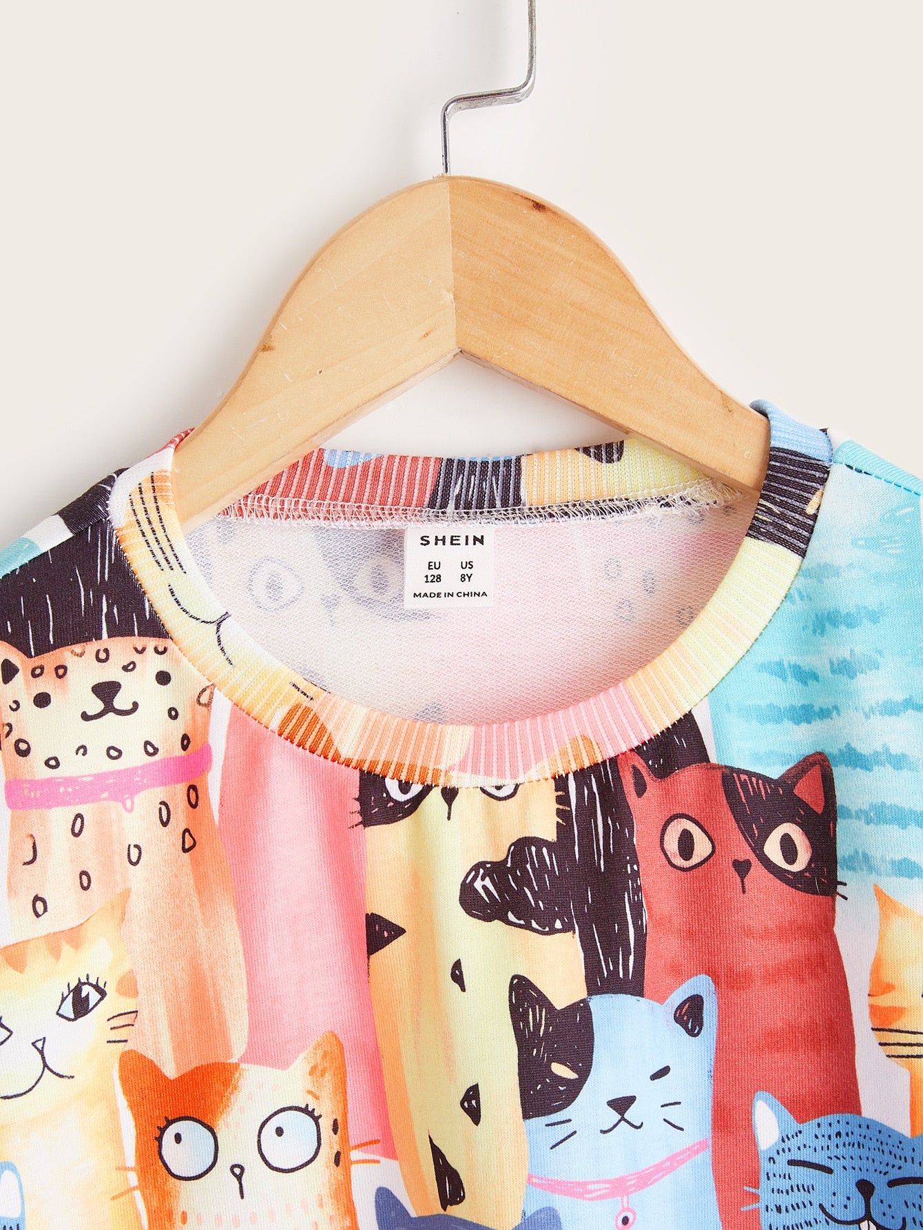 Girls Cat Print Drop Shoulder Sweatshirt