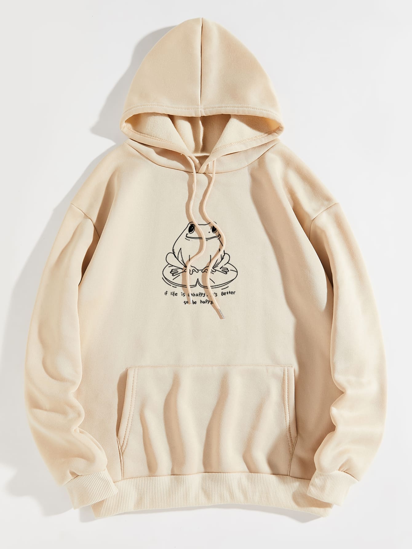 Frog And Slogan Graphic Kangaroo Pocket Drawstring Thermal Hoodie