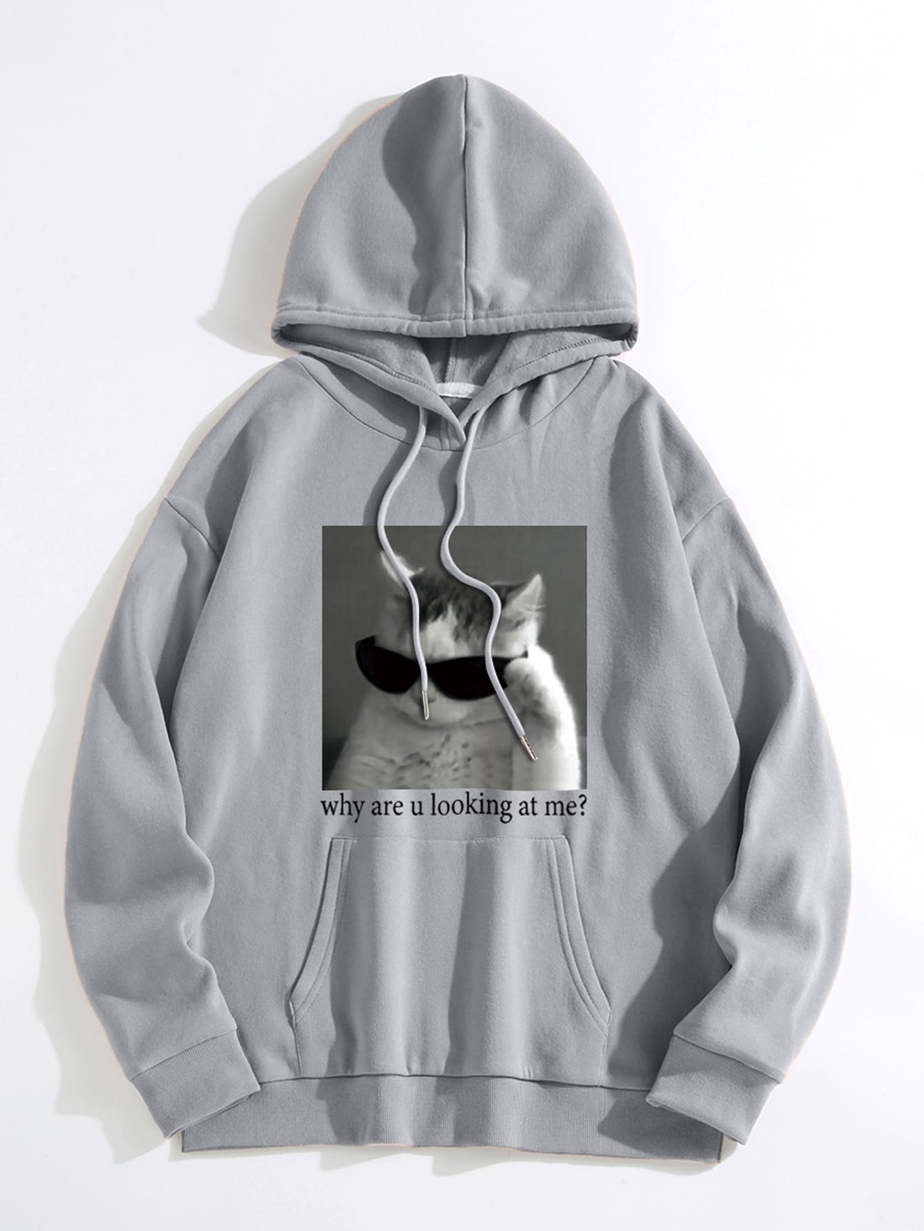 Cat Slogan Graphic Kangaroo Pocket Drawstring Thermal Hoodie