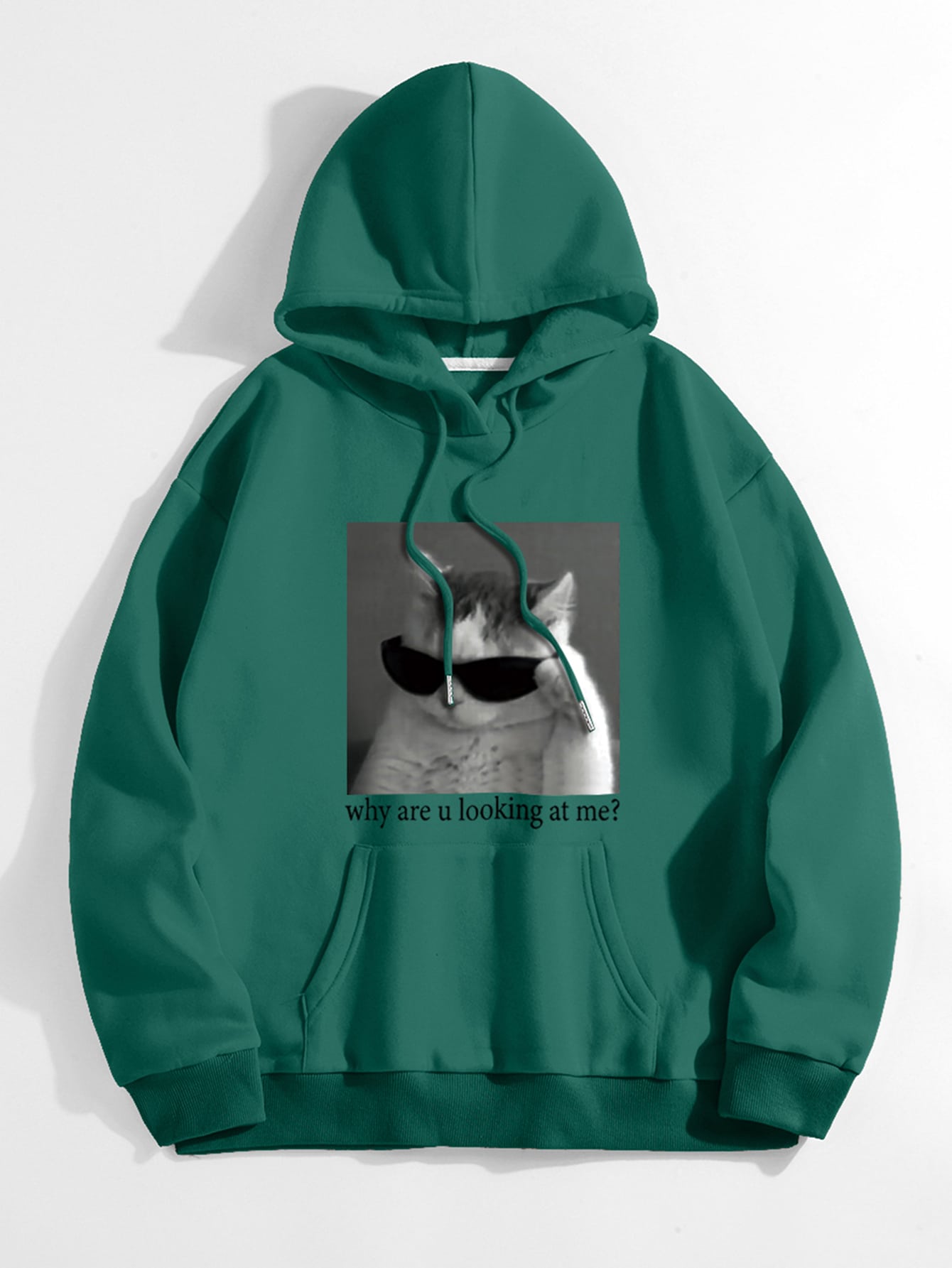 Cat Slogan Graphic Kangaroo Pocket Drawstring Thermal Hoodie