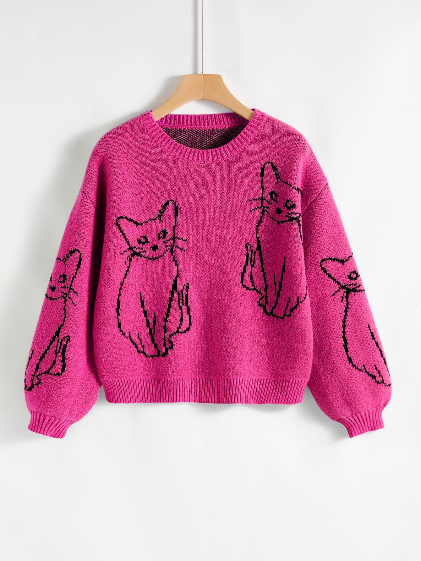 Cat Pattern Drop Shoulder Sweater