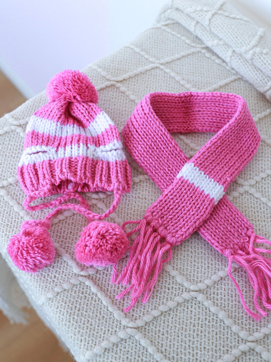 1pc Striped Pattern Scarf 1pc Pompom Decor Hat