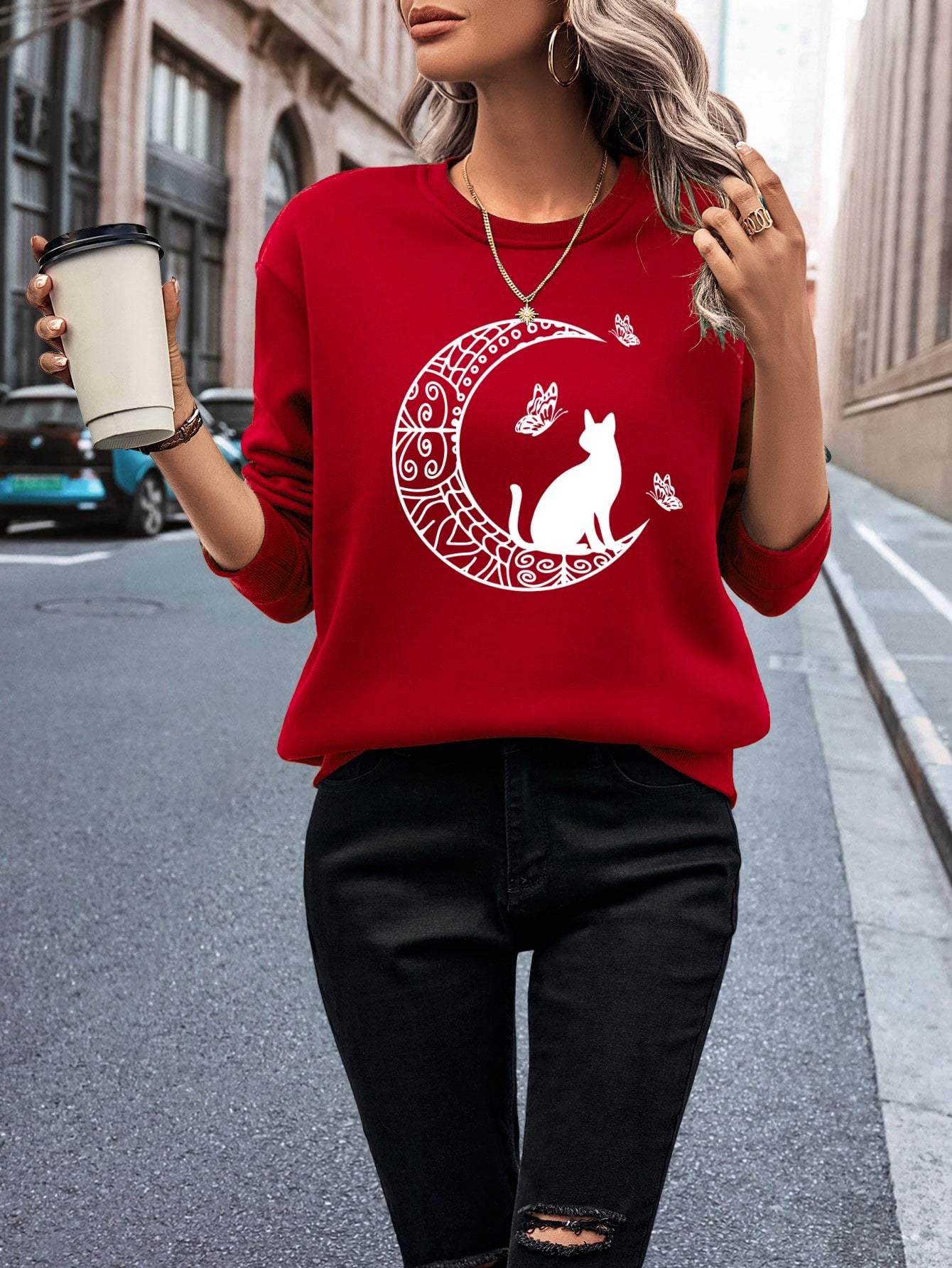 Moon Cat Print Drop Shoulder Sweatshirt