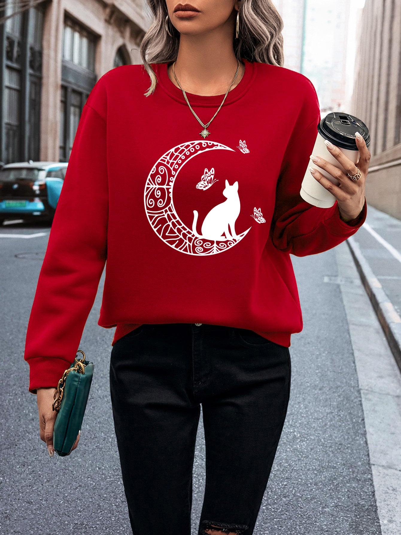 Moon Cat Print Drop Shoulder Sweatshirt