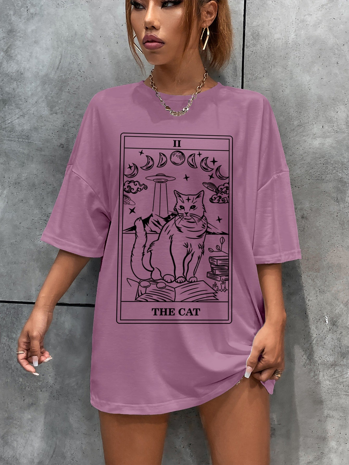 ROMWE Goth Cat Print Oversized Tee