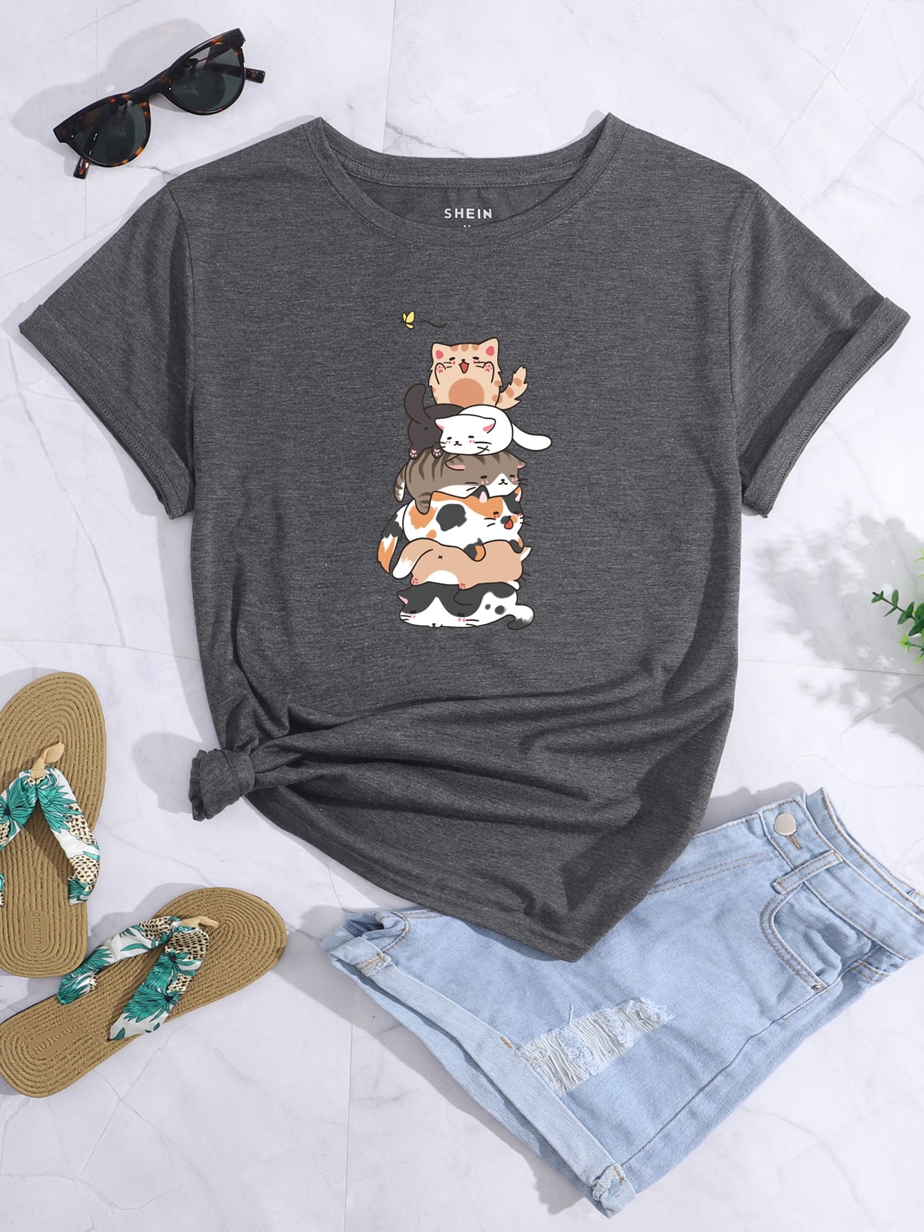 Cartoon Cat Print Tee